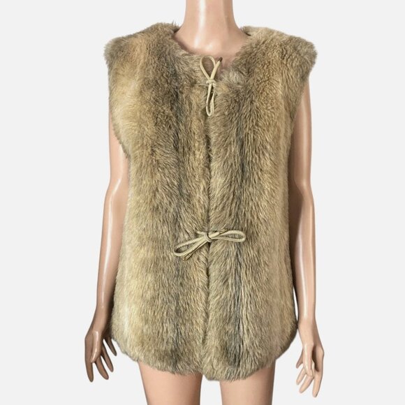 Vintage Cheyenne Faux Coyote Fur Vest Brown Tan Tie Front Oversized Women OS - Picture 9 of 11